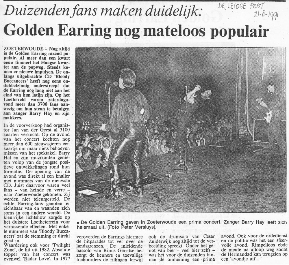 Leidse Post Newspaper Golden Earring show review August 17 1991 Zoeterwoude - Open Air Loetheveld (Collection Berry Albers)